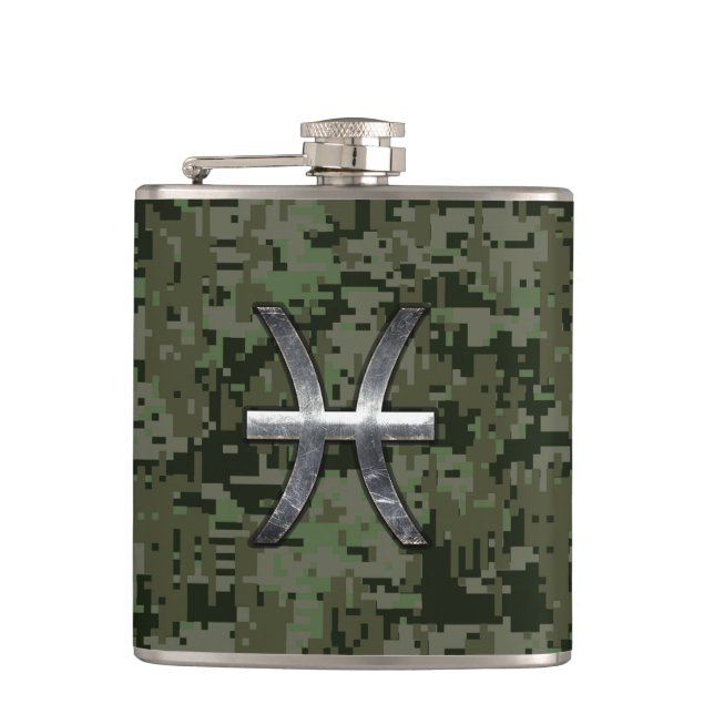 Pisces Zodiac Symbol Woodland Digital Camouflage Flachmann (Vorderseite)