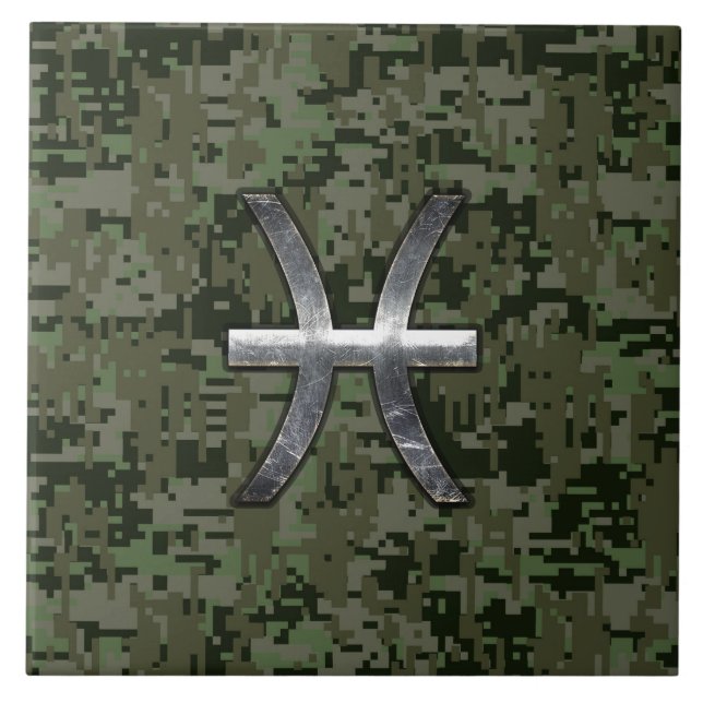 Pisces Zodiac Symbol Woodland Green Digital Camouf Fliese (Vorderseite)