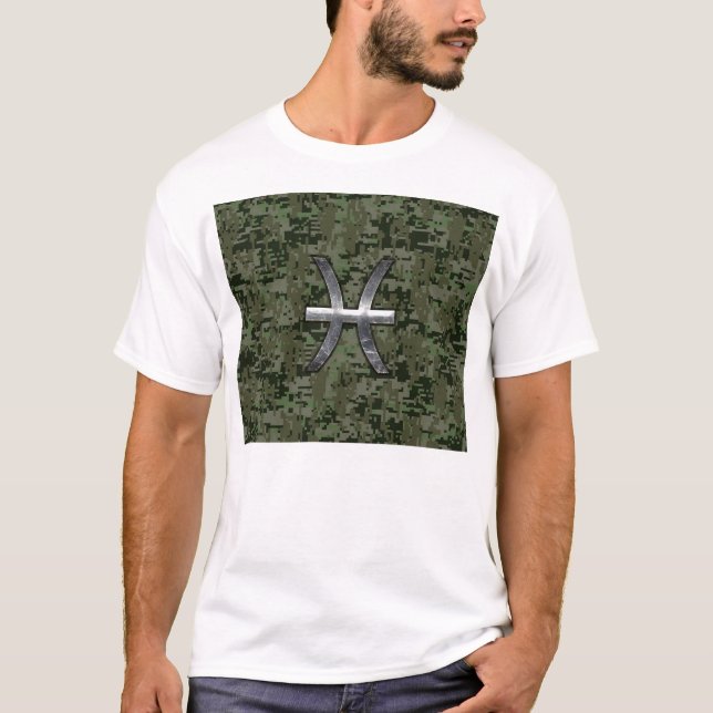 Pisces Zodiac Symbol Woodland Green Digital Camouf T-Shirt (Vorderseite)