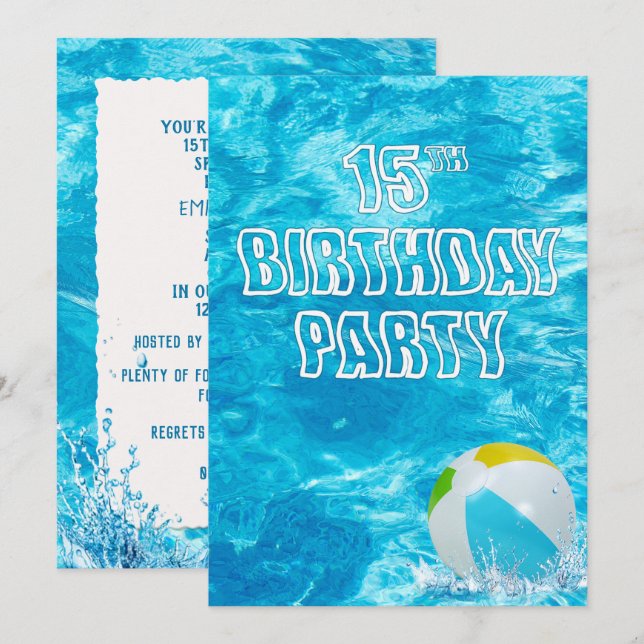 Piscine 15e anniversaire Invitation de fête (Devant / Derrière)