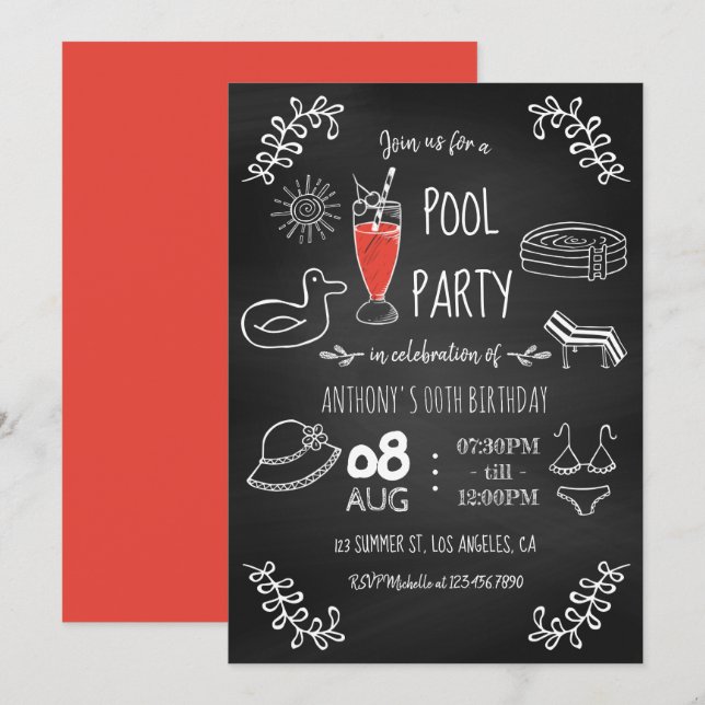 Piscine d'été Chalkboard Invitation de fête d'anni (Devant / Derrière)