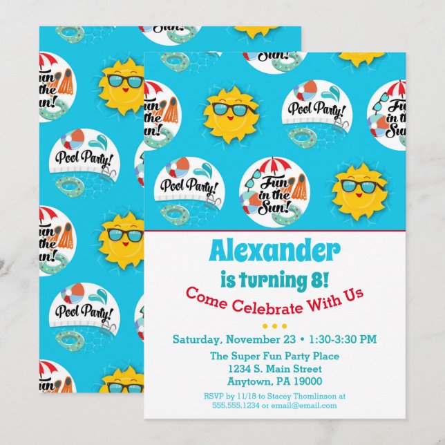 Piscine Fête Anniversaire Invitation Piscine Été (Devant / Derrière)