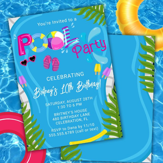 Piscine Fête d'été Fille d'anniversaire Invitation (Créateur téléchargé)