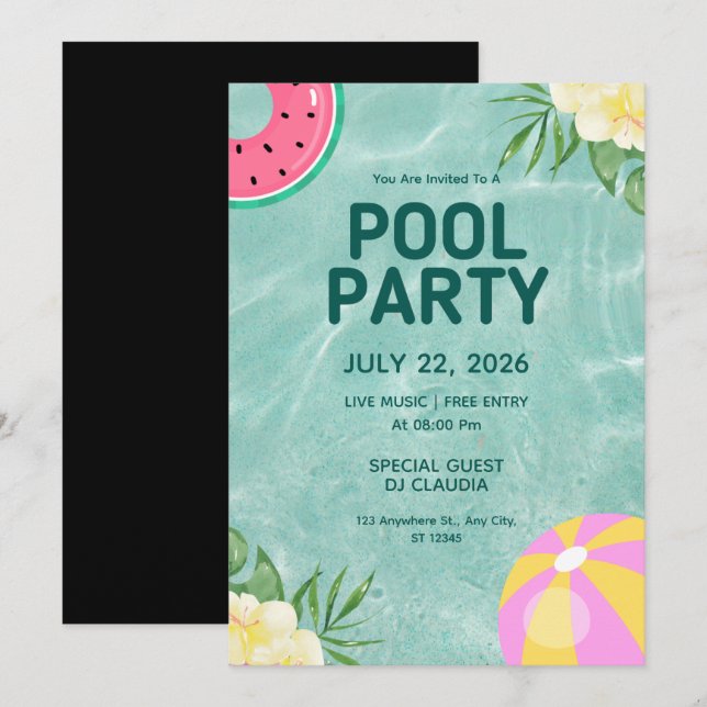 Piscine fête été Anniversaire Invitation (Devant / Derrière)