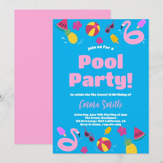 Piscine fête été Anniversaire Invitation (Devant / Derrière)