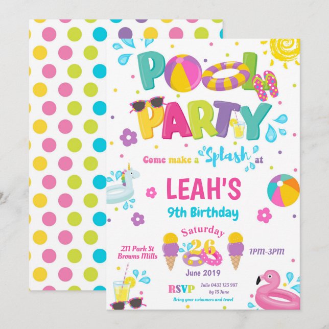 Piscine Fête Invitations Anniversaire Filles (Devant / Derrière)