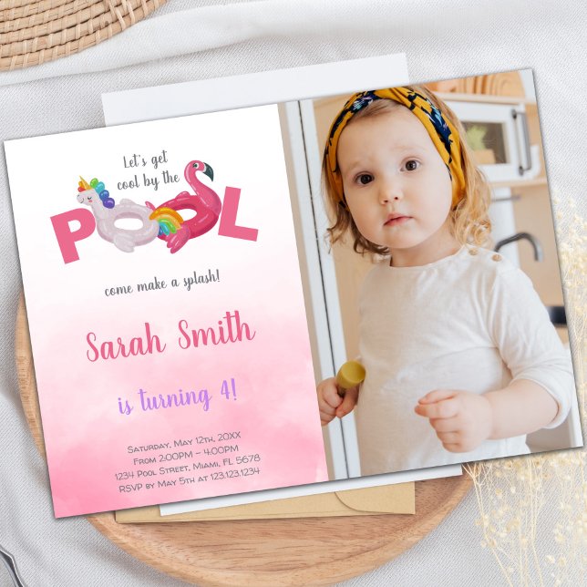 Piscine Flamant rose rose Invitations Anniversaire (Pink Flamingo Pool Birthday Invitations with photo)