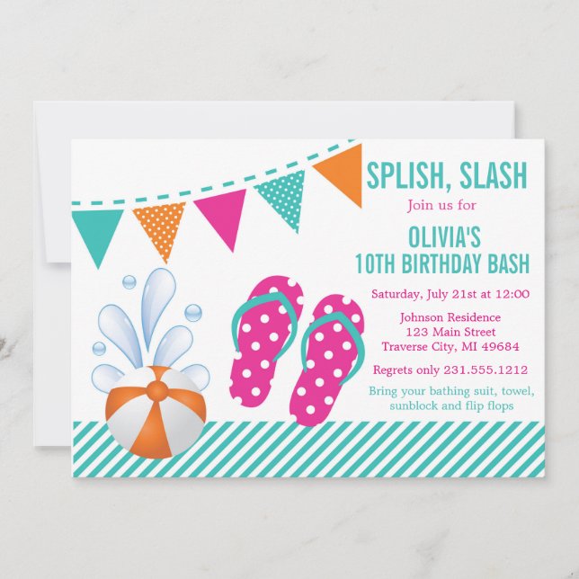 Piscine ou plage Anniversaire Fête Invitation Flip (Devant)