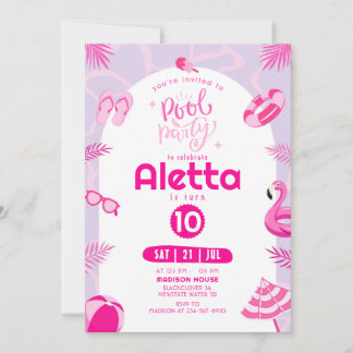 Piscine Party Pink Editable Invitation d'anniversa