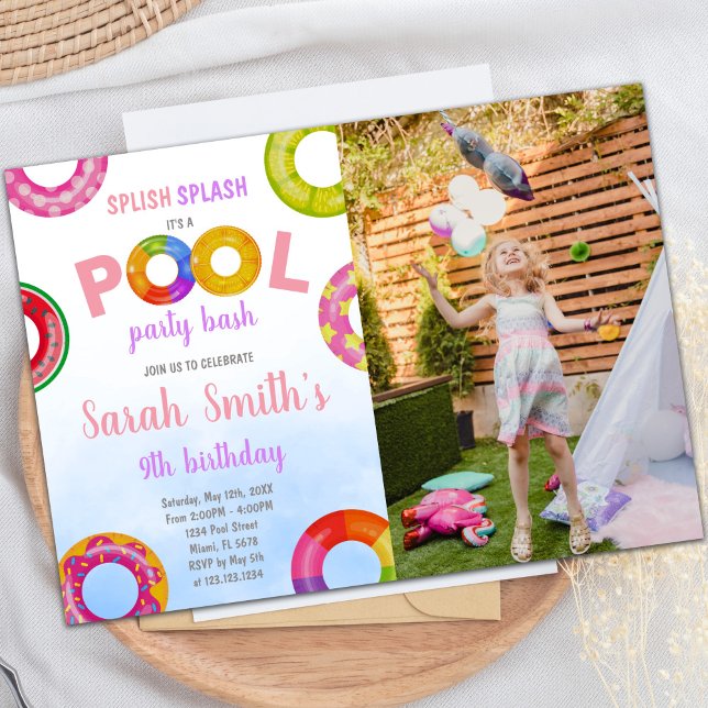 Piscine rose violet Invitations Anniversaire avec  (Pink Purple Pool Birthday Invitations with photo)