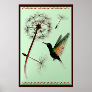 Pissenlit et petite affiche verte de colibri
