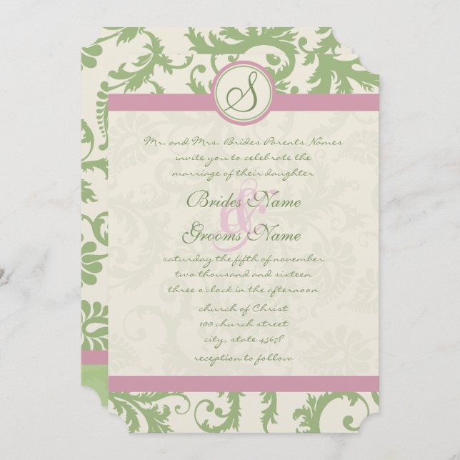 Pistachio Clover Rose Petal Damask Wedite Invite Einladung (Vorne/Hinten)