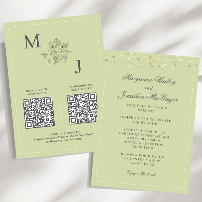 Pistachio Green Elegant QR Code Wedding Einladung (Von Creator hochgeladen)