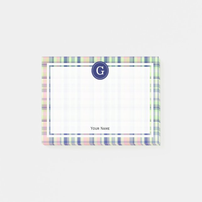 Pistachio Green Navy Pink Madras Kariert #21IR Fra Post-it Klebezettel (Vorderseite)