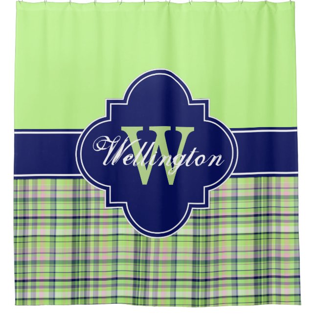 Pistachio Navy Pink Madras Kariert 1ICB Ribbon Nam Duschvorhang (Vorderseite)