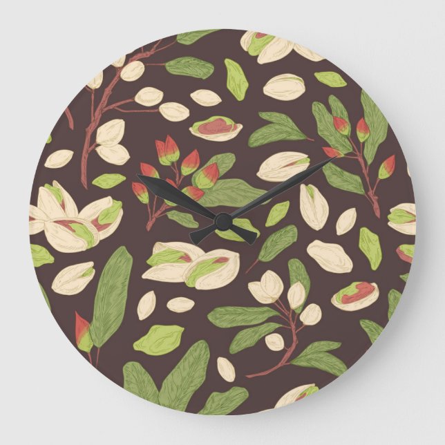 Pistachio Nuts: Schwarz Hand Gezeichnet Nahtlos. Große Wanduhr (Vorderseite)