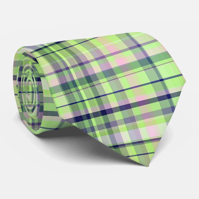 Pistachio Pink Navy Welpe Madras Krawatte (Gerollt)