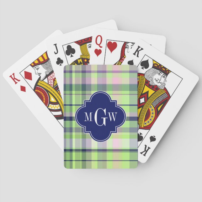 Pistachio Pink Navy Welpe Madras Monogram Spielkarten (Rückseite)