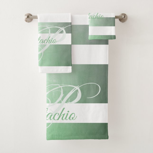 Pistachio rustikal gestreift Monogramm Badhandtuch Set (Insitu)