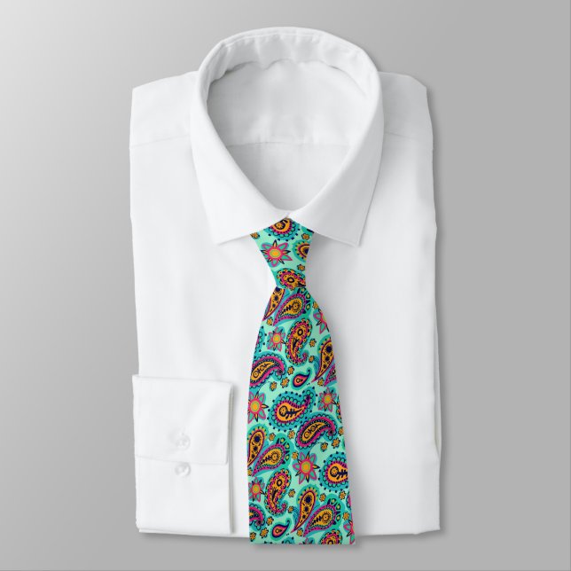 Pistazien-grünes orange Paisley-Muster Krawatte (Gebunden)