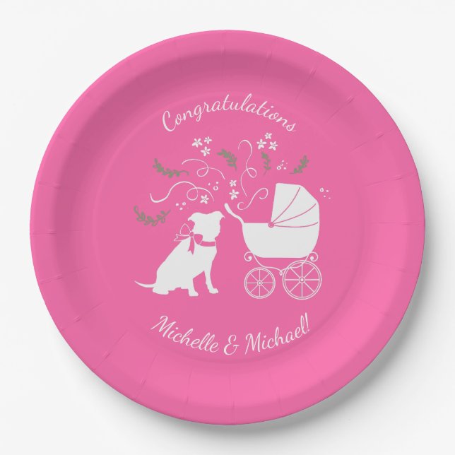 Pit Bull Dog Babydusche Pink Girl Pitbull Pappteller (Vorderseite)