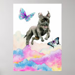 Pit Bull Dog Fantasy Aquarell Pop Art Poster<br><div class="desc">Dies ist eine skurrile Aquarellbilder eines schwarzen Grubenbullen Hundes,  der aus den Regenbogenfarben der Wolken springt. Hübsche Schmetterlinge fliegen um den Hund herum. Pop-Kunstdesign für Hundefreunde.</div>