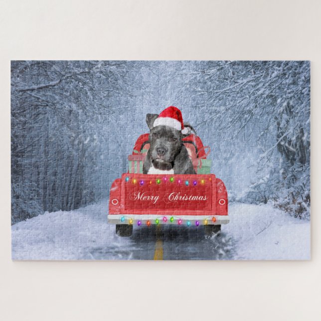 Pit Bull Dog in Snow sitzend im Weihnachtswagen (Horizontal)