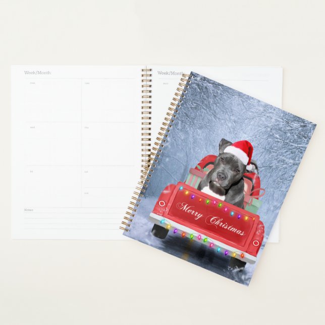 Pit Bull Dog in Snow sitzend im Weihnachtswagen Planer (Anzeige)
