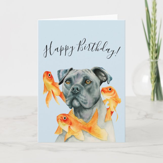 Pit Bull Dog und Goldfish | Happy Birthday Karte (Vorderseite)