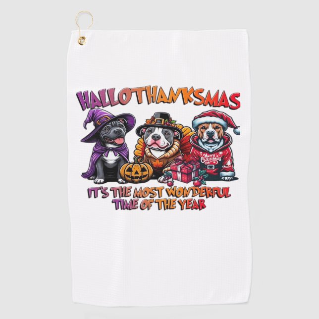 Pit Bull Halloween Erntedank Weihnachtsklassiker Golfhandtuch (Vorderseite)