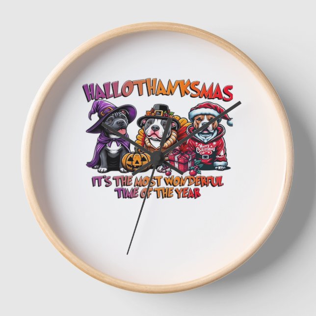 Pit Bull Halloween Erntedank Weihnachtsklassiker Uhr (Vorderseite)