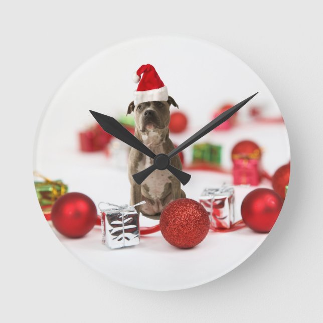 Pit Bull Hund mit Geschenkboxen und Weihnachtsschm Runde Wanduhr (Vorderseite)