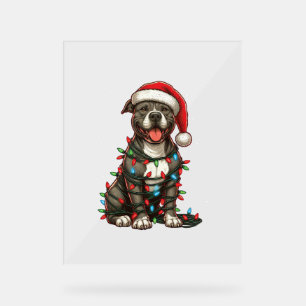 Pit bull Hund Weihnachtslicht Weihnachtsmannmütze Acrylschild