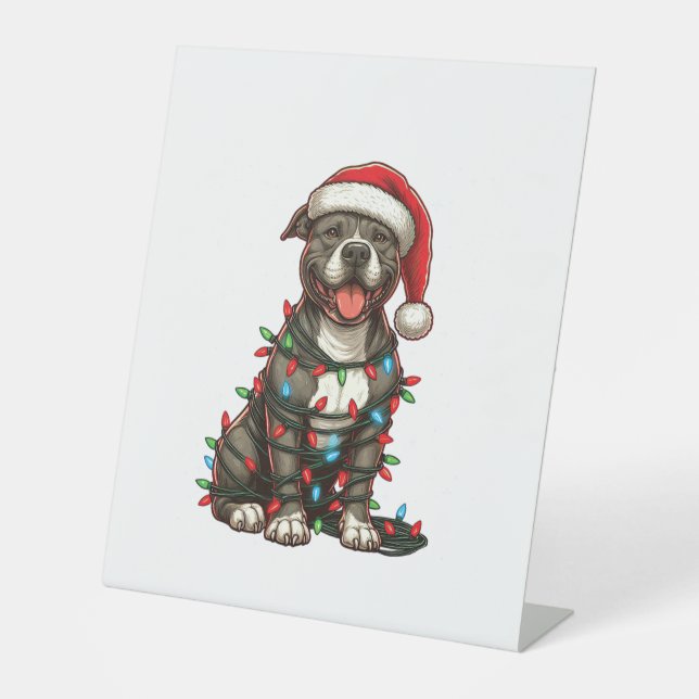 Pit bull Hund Weihnachtslicht Weihnachtsmannmütze  Sockelschild (Vorderseite)