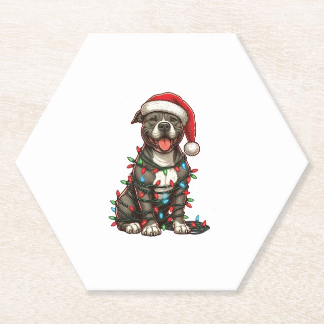 Pit bull Hund Weihnachtslicht Weihnachtsmannmütze  Untersetzer (Vorderseite)