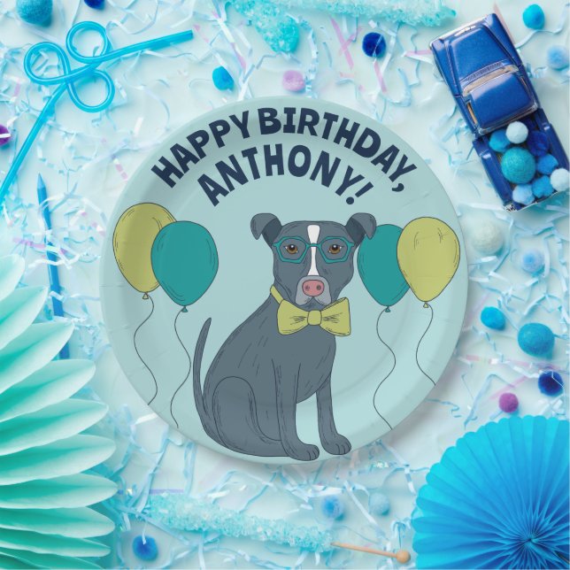 Pit Bull Puppy Dog mit Brille und Balloons Pappteller (Party)