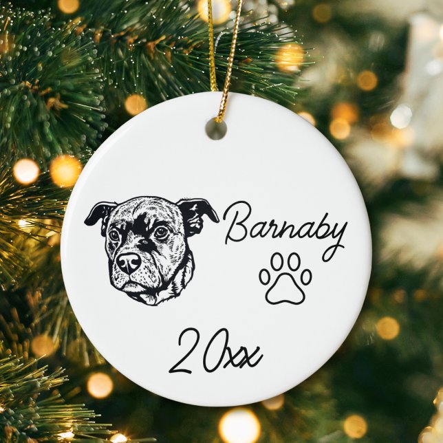 Pit Bull Terrier Dog Individuelle Name & Year Line Keramik Ornament (Pit bull terrier Dog Custom Name and Year Ornament with Paw Print. Black and White Line Art Modern)
