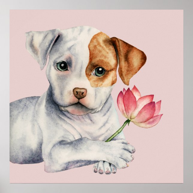 Pit Bull Welpe Holding Lotus Blume Malerei Poster (Vorne)