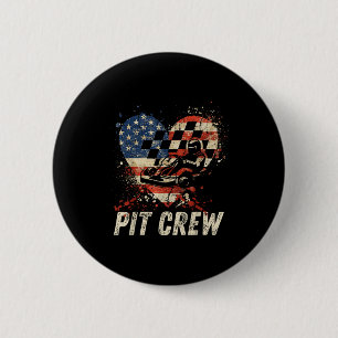 Pit Crew Karierter Wagen Rennsport Herz USA-Flagge Button