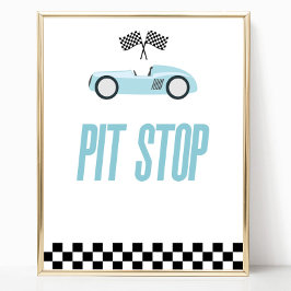 Pit Stopp Blue Flame Race Auto Party Table Sign Poster