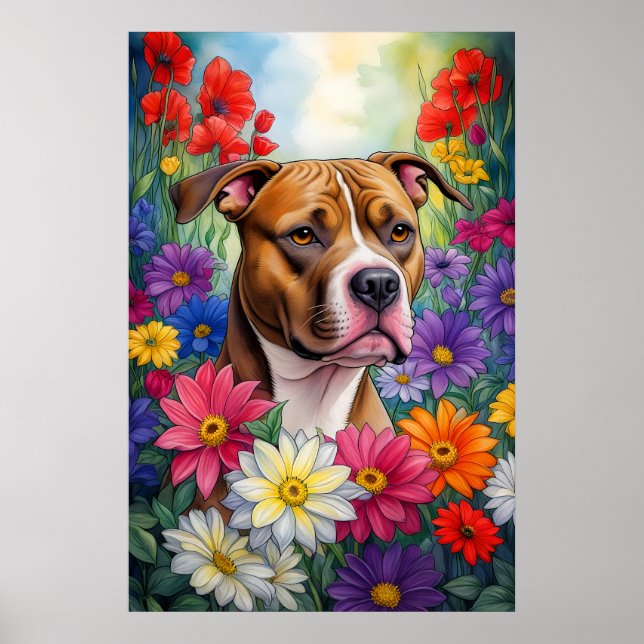 Pitbuli im Blumengarten Poster (Vorne)