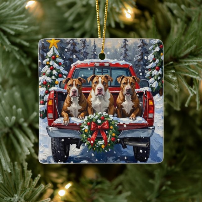 Pitbull Christmas Red Truck Holiday Keramikornament (Baum)