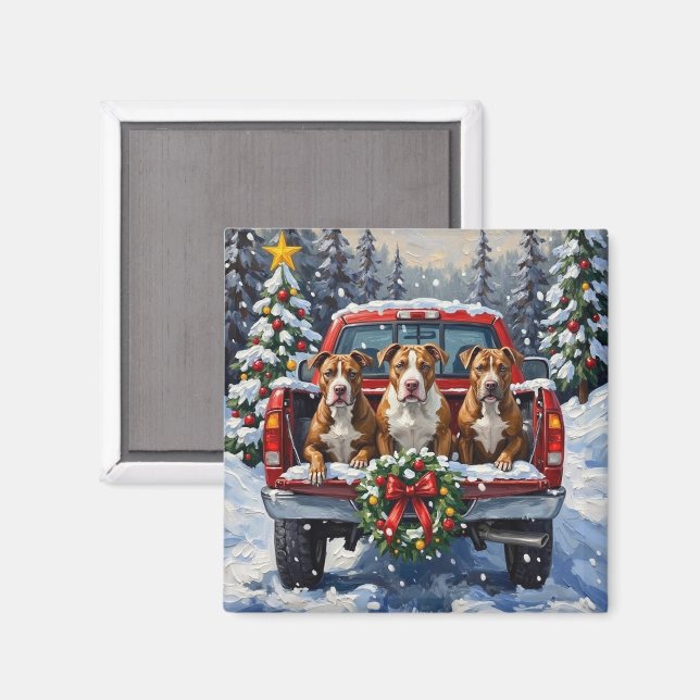 Pitbull Christmas Red Truck Holiday Magnet (Vorderseite/Rückseite)