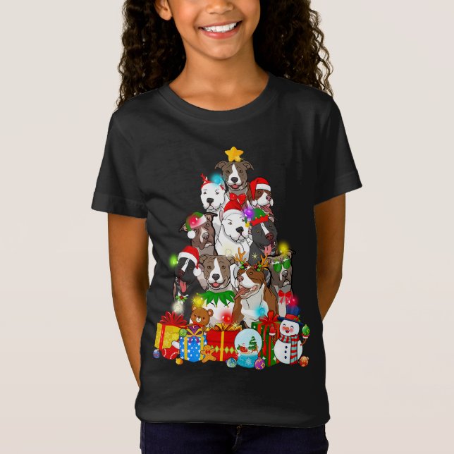 Pitbull Dog Christmas Tree Lights Funny Dog Lovert T-Shirt (Vorderseite)