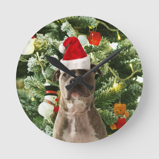 Pitbull Dog Christmas Tree Ornaments Snowman Runde Wanduhr (Vorderseite)