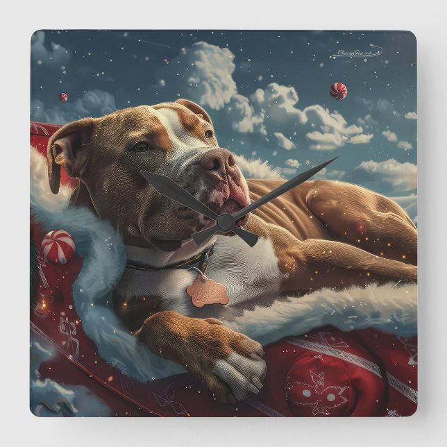 Pitbull Dog Weihnachtsfest Quadratische Wanduhr (Vorderseite)