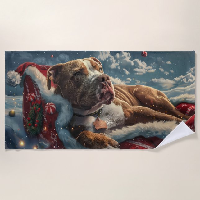Pitbull Dog Weihnachtsfest Strandtuch (Vorderseite)