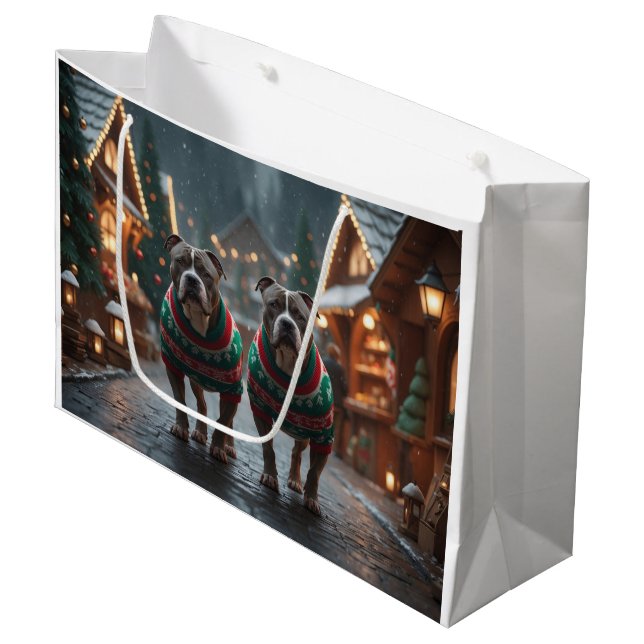 Pitbull Dogs Christmas Snow Holiday Große Geschenktüte (Vorderseite Schrägansicht)