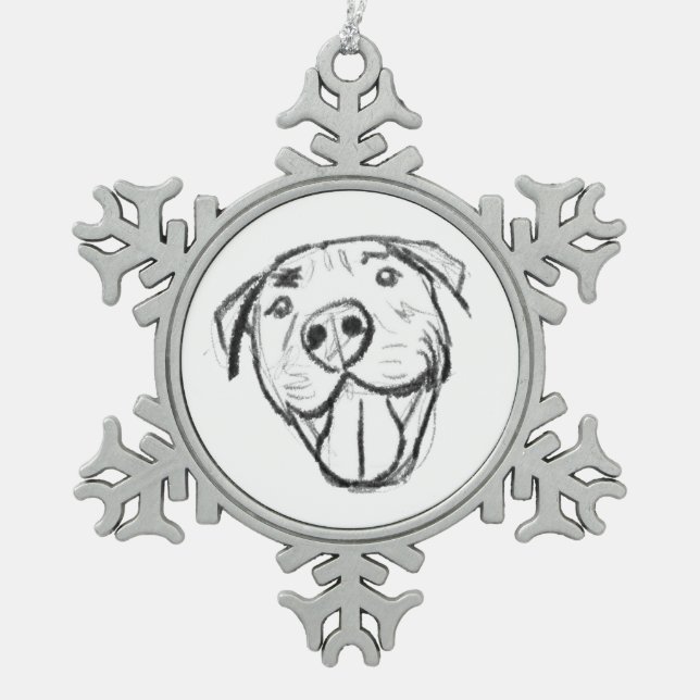 Pitbull Drawing Sing Dog Lovers Black White Schneeflocken Zinn-Ornament (Vorderseite)