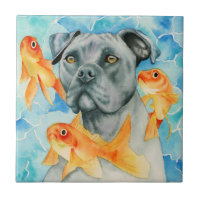 Pitbull-Hund des Wächter-| und Goldfisch-Aquarell